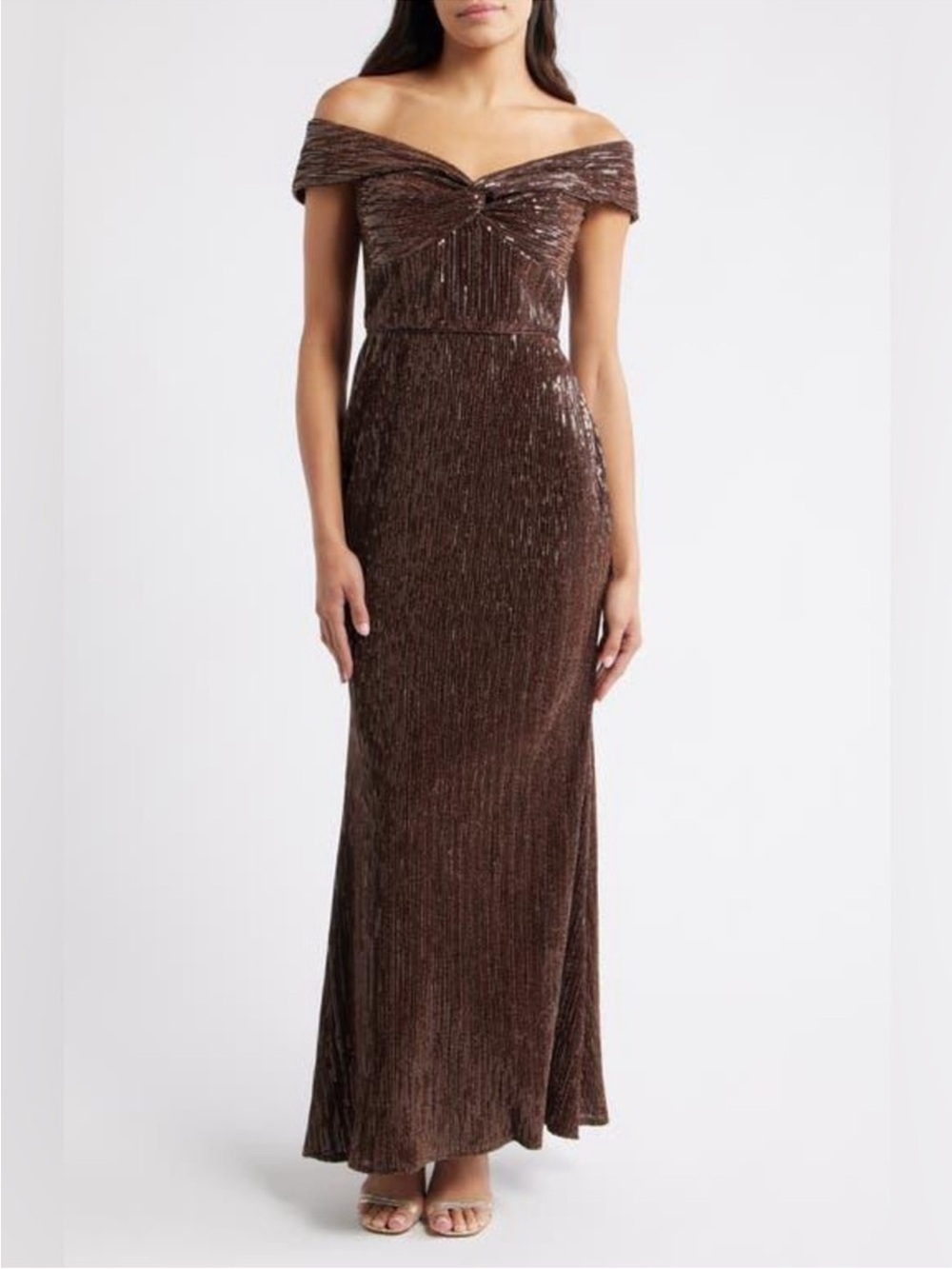 Eliza J Sequin Twist Off The Shoulder Formal Dress Size 8 Chocolate Brown NWOT